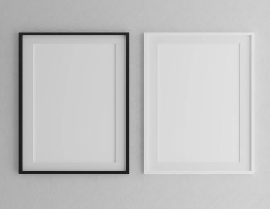 İki dikey ahşap çerçeve bej duvar arka planında bitkilerle maket yapıyor, 3d illüstrasyon