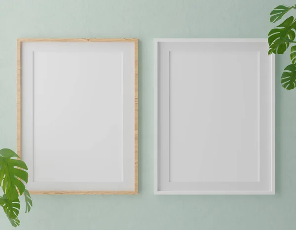 Two vertical white frame mock up, white frame on green wall, 3d illustration