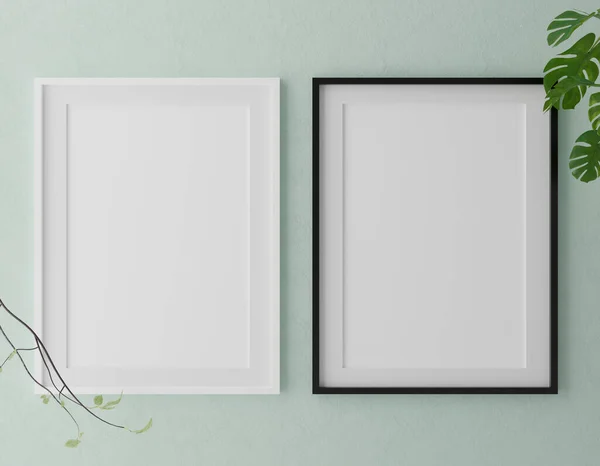 Две Вертикальные Белые Рамы Макет Белая Рамка Зеленой Стене Иллюстрация — стоковое фото