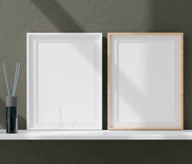 İki dikey beyaz çerçeve, yeşil duvarda beyaz çerçeve, üç boyutlu resimleme.