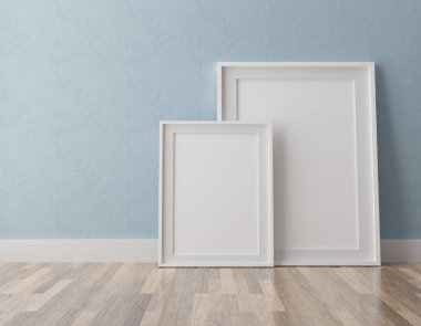 İki dikey beyaz çerçeve, mavi duvarda beyaz çerçeve, 3D illüstrasyon