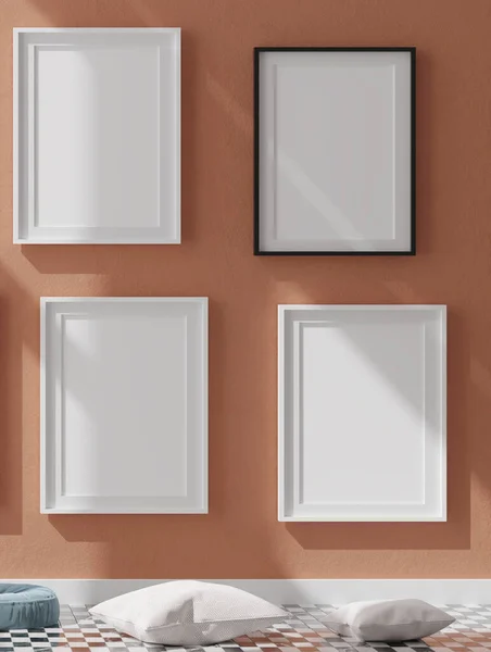 Four Vertical White Frame Mock White Frame Orange Wall Illustration — Stock Photo, Image
