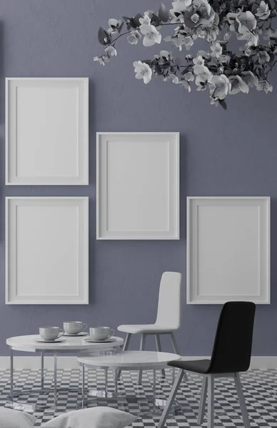 Four vertical white frame mock up, white frame on blue wall, 3d illustration