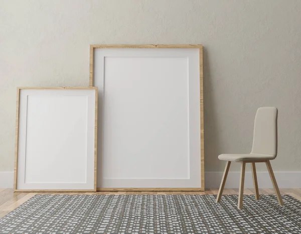 Two vertical white frame mock up, white frame on beige wall, 3d illustration