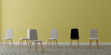 Sarı duvarda sandalyeler olan iç oda, 3 boyutlu resim.