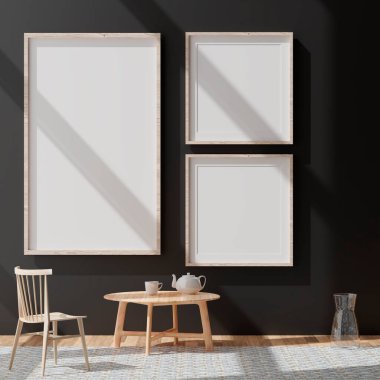 Üç dikey beyaz çerçeve modeli, siyah duvarda altın çerçeve, 3D resim