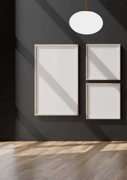 3つの垂直の白いフレームモックアップ 黒い壁の白いフレーム 3Dイラスト — ストック写真
