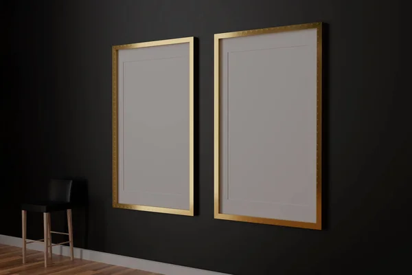 Dois Vertical Moldura Branca Mockup Moldura Dourada Parede Preta Ilustração — Fotografia de Stock