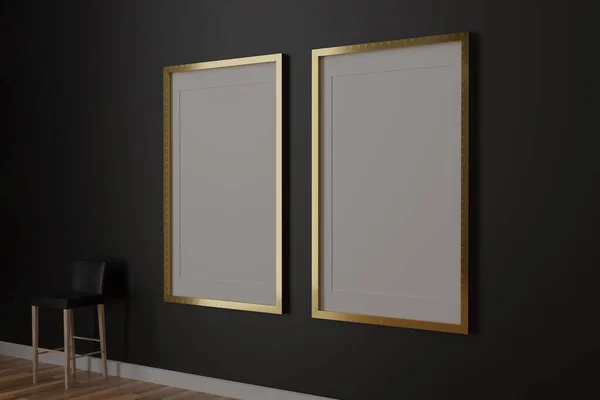 İki dikey beyaz çerçeve modeli, siyah duvarda altın çerçeve, 3D resim