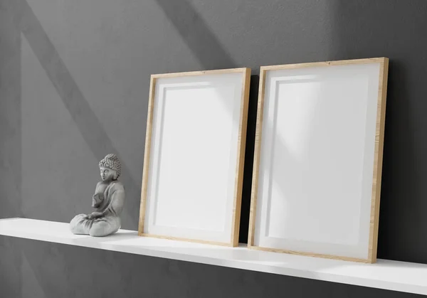 Two vertical white frame mockup, white frame on black wall, 3d illustration