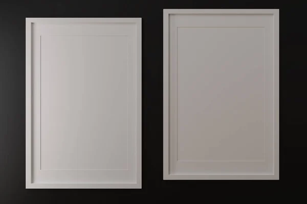 2つの垂直の白いフレームモックアップ 黒い壁の白いフレーム 3Dイラスト — ストック写真