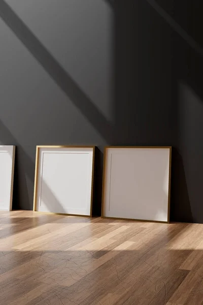 Three vertical white frame mockup, golden frame on black wall, 3d illustration