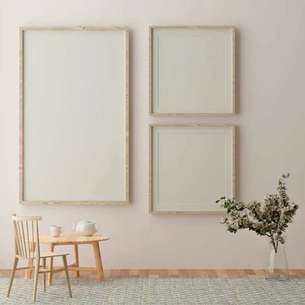 three vertical white frame mock up, wooden frame and chairs on yellow wall, 3d illustration