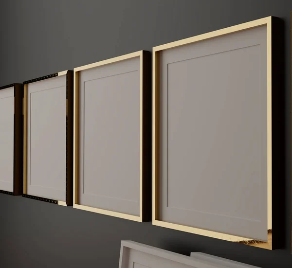 Dört dikey beyaz çerçeve modeli, siyah duvarda altın çerçeve, 3D resim