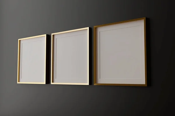 Üç dikey beyaz çerçeve modeli, siyah duvarda altın çerçeve, 3D resim