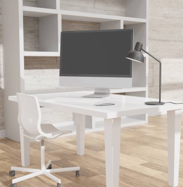 Bilgisayarın beyaz arka planı masanın üzerinde. Siyah ekranlı dizüstü bilgisayar.