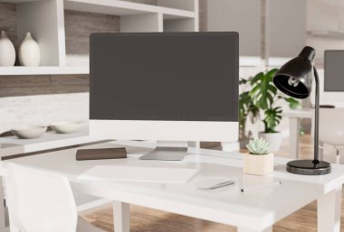 Bilgisayarlı modern ofis. Siyah ekran. 3d illüstrasyon