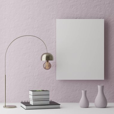 Dikey ahşap çerçeve, pembe duvar arka planında bitkilerle, 3D illüstrasyonla maket yapıyor.