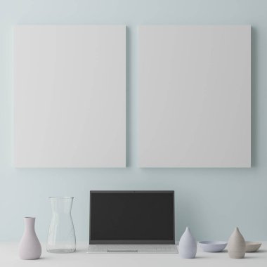 Bilgisayarlı modern ofis. Siyah ekran. 3d illüstrasyon