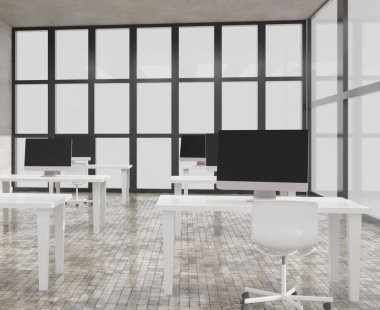 Bilgisayarlı modern ofis. Siyah ekran. 3d illüstrasyon