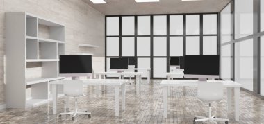 Bilgisayarlı modern ofis. Siyah ekran. 3d illüstrasyon