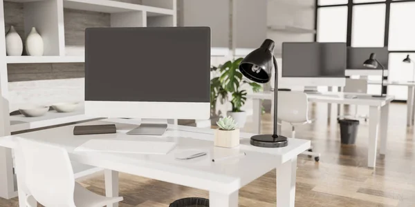 Modernes Büro Mit Computer Attrappe Schwarzer Bildschirm Illustration — Stockfoto