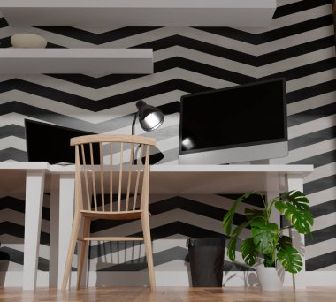 Masaüstü bilgisayarı, ofisin 3D modelleme masasının üzerinde. 3 boyutlu illüstrasyon. Gece sahnesi