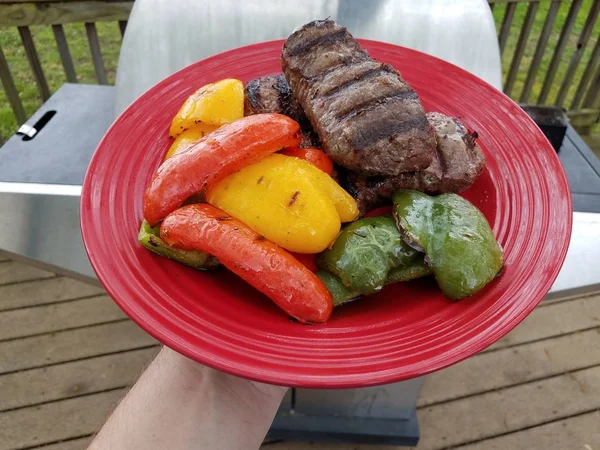 Hand holding red plate with grilled steak and red yellow and green peppers — Stock Photo, Image