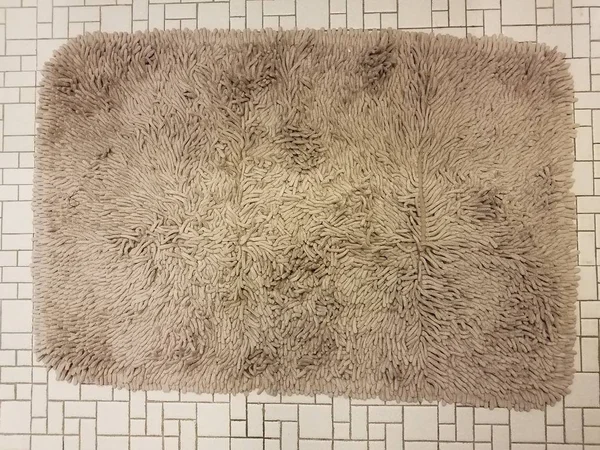 brown bathroom carpet or rug on white tile floor