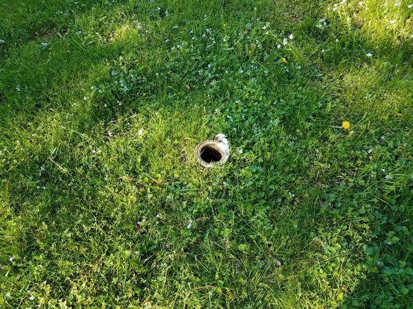 Trou dans le tuyau métallique dans l'herbe verte ou pelouse — Photo