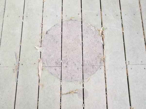 Discolored or worn or weathered wood deck boards with algae and circular shape — Stock Photo, Image