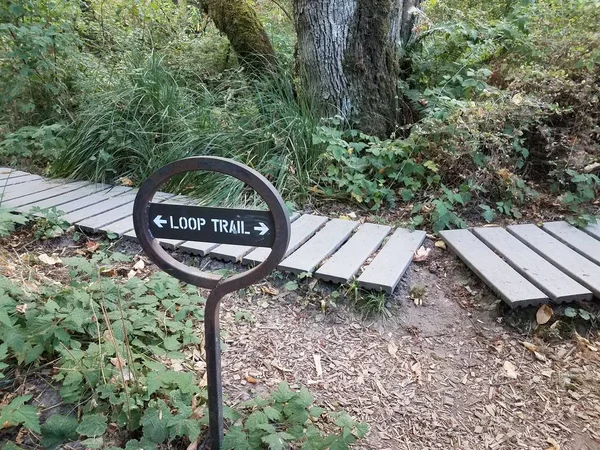 Kayu boardwalk di path atau trail dengan tanda loop trail — Stok Foto