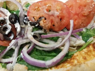 soğan, ıspanak, domates ve tavuk ile açık sandviç