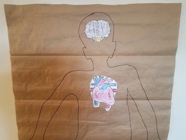 Esbozo del niño sobre papel con cerebro y corazón — Foto de Stock