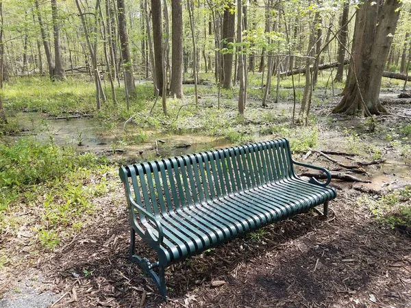 green metal bench or seat in forest or woods with water