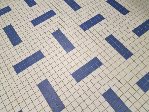 Μπλε και λευκά τετράγωνα πλακάκια μπάνιου στο πάτωμα — Φωτογραφία Αρχείου
