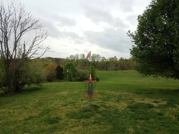 Cesta de la cadena de golf disco rojo o agujero con hierba verde — Foto de Stock
