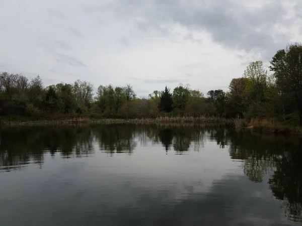 平静的反射池塘或湖与树和天空 — 图库照片
