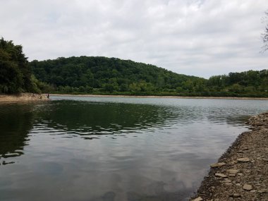 ağaçlar ile nehir kıyısında gri yıpranmış veya yıpranmış kayalar