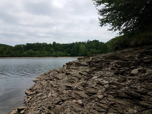Graue abgenutzte oder verwitterte Felsen am Flussufer mit Bäumen — Stockfoto