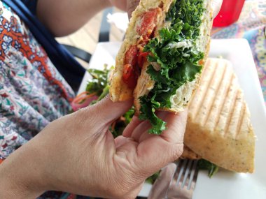 Kadın el tutan tavuk ve marul sandviç