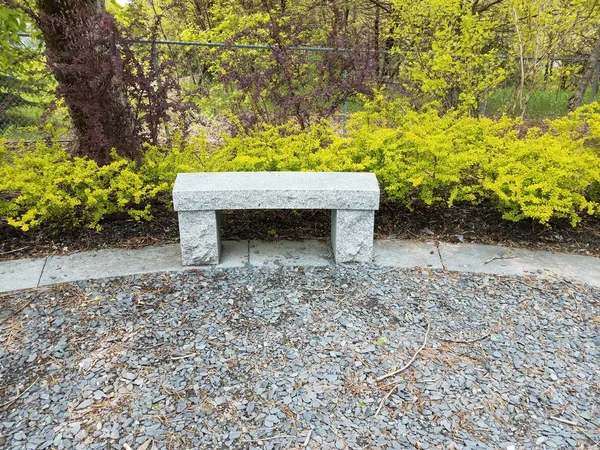 Sedile in pietra con rocce e piante con foglie verdi — Foto Stock