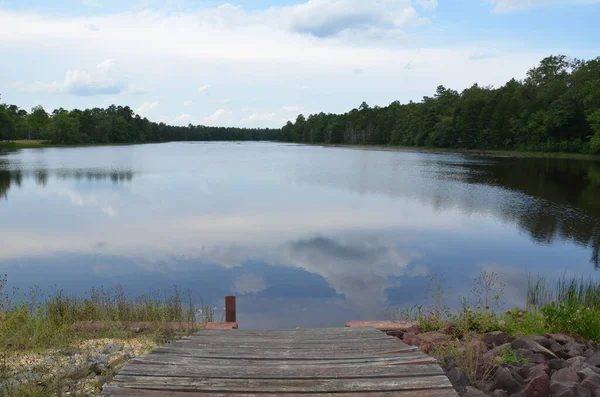 Дерев'яний пірс і озеро або ставок з відображенням — стокове фото