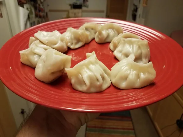 Ångkokta dumplings på röd tallrik i köket — Stockfoto