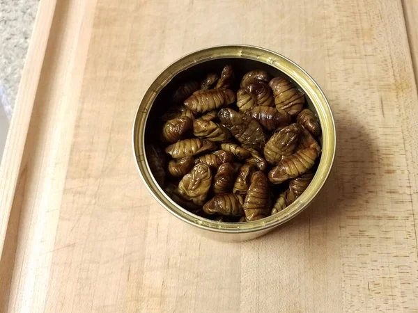 Braune Insektenlarve in Dose auf Holzschneidebrett — Stockfoto