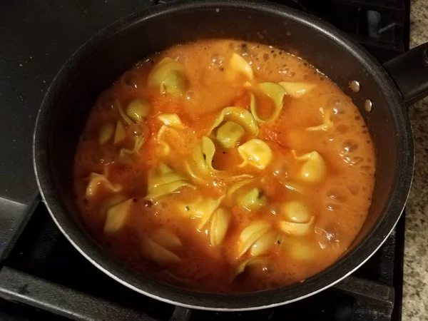 Tortellini pasta y sopa de salsa de tomate en olla — Foto de Stock