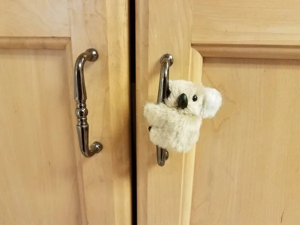 キャビネットのドアハンドルに小さなコアラクマ — ストック写真