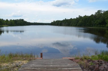 Ahşap iskele ve göl veya yansımalı ve ağaçlı gölet