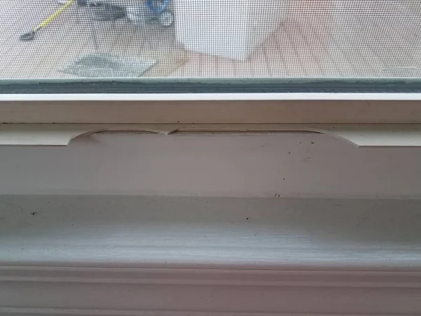 Sharp Broken Damaged Plastic Piece Old Window Sill — Stock Photo, Image