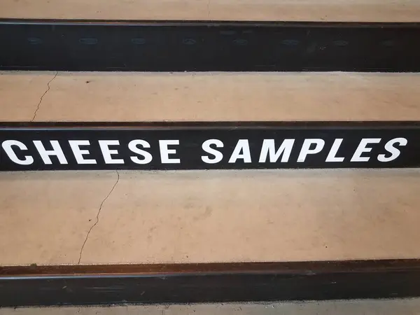 White Cheese Samples Sign Black Grey Cement Stairs Steps — Stock Photo, Image